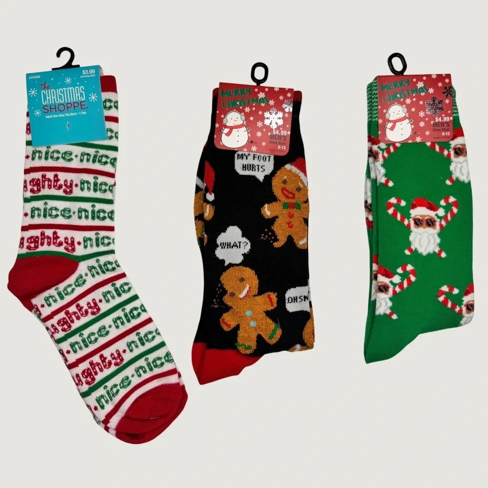Christmas Socks 3 Pack Naughty Nice Gingerbread Santa Novelty Crew Socks Unisex